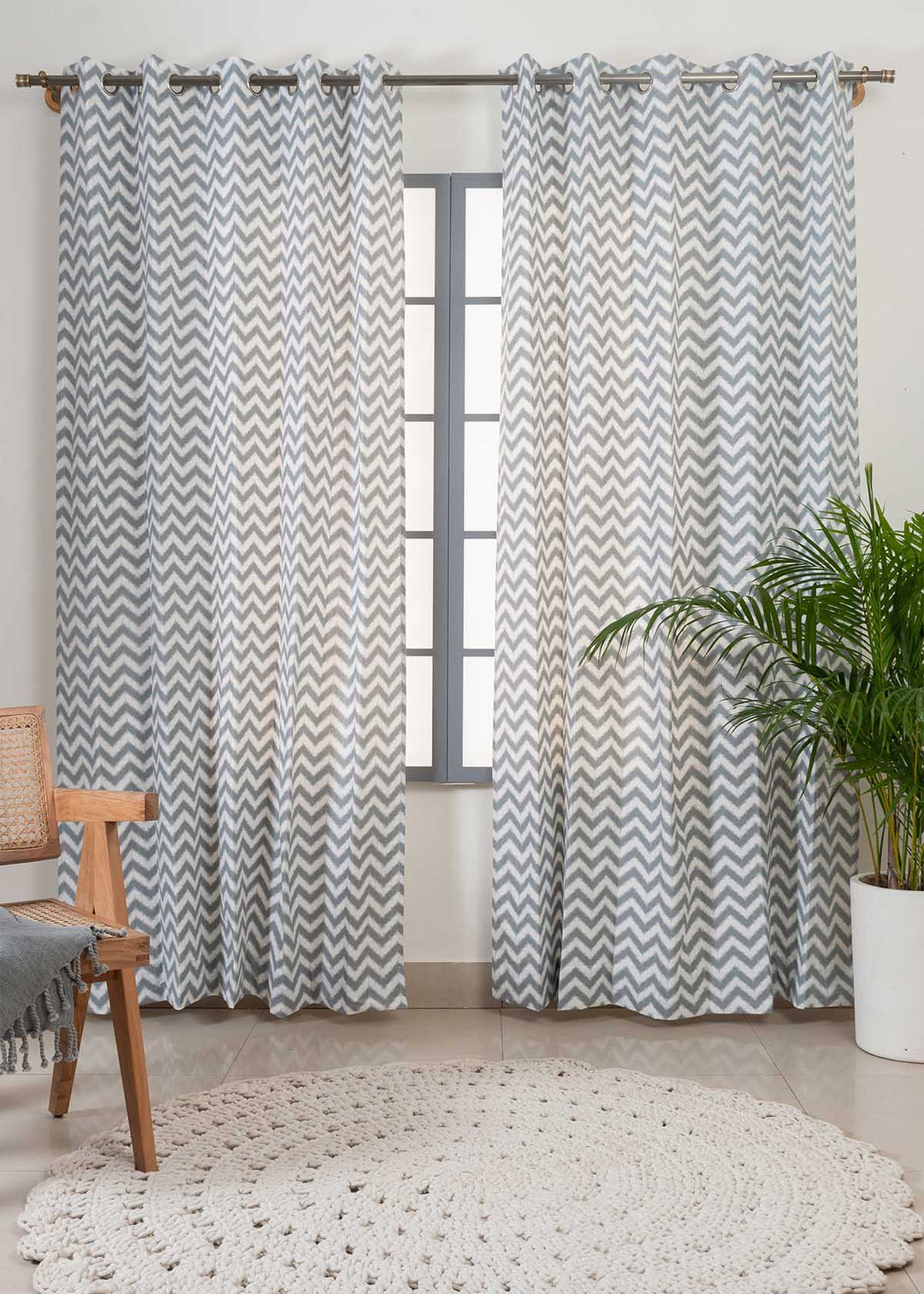 Ikat Chevron Grey 100% cotton geometric curtain for living room - Room darkening - Single Piece | SHOBITAM