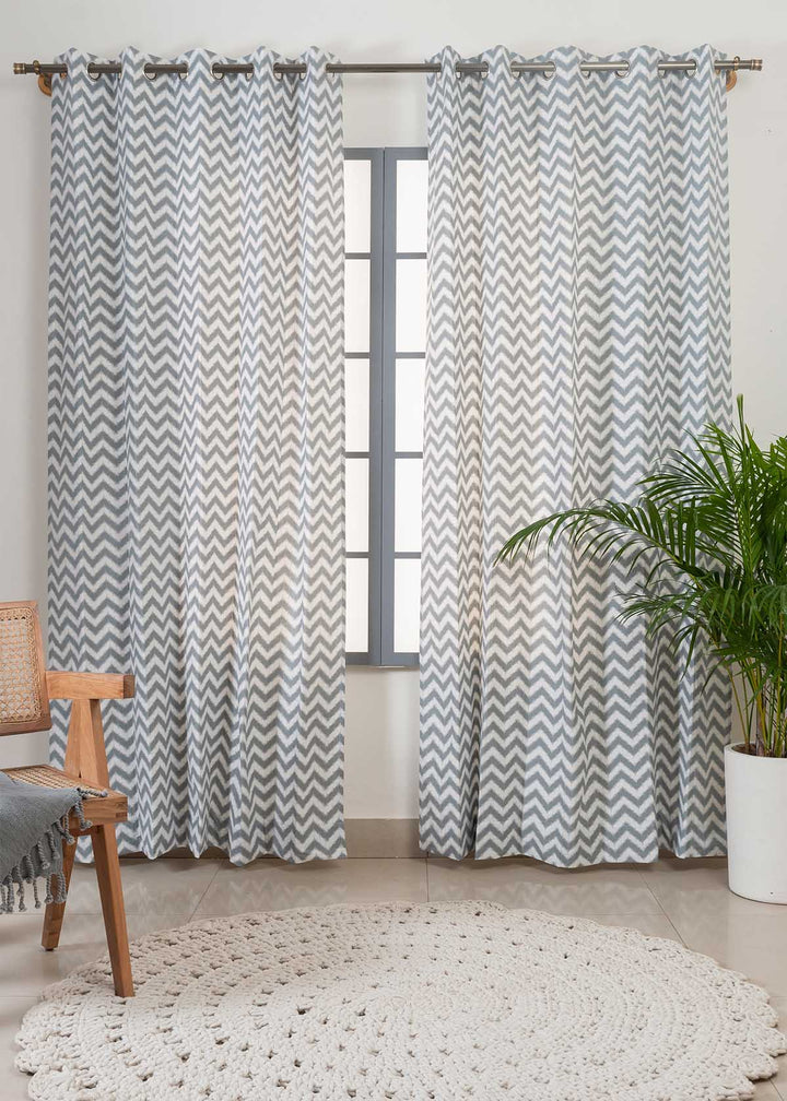 Ikat Chevron Grey 100% cotton geometric curtain for living room - Room darkening - Single Piece | SHOBITAM