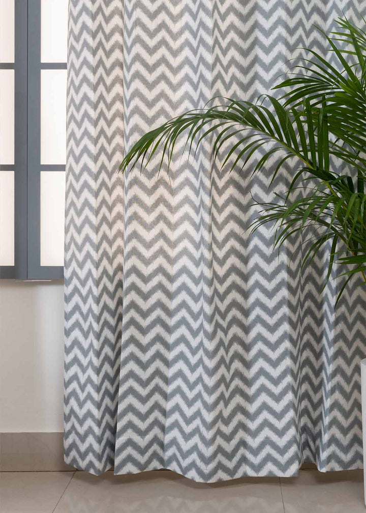Ikat Chevron Grey 100% cotton geometric curtain for living room - Room darkening - Single Piece | SHOBITAM