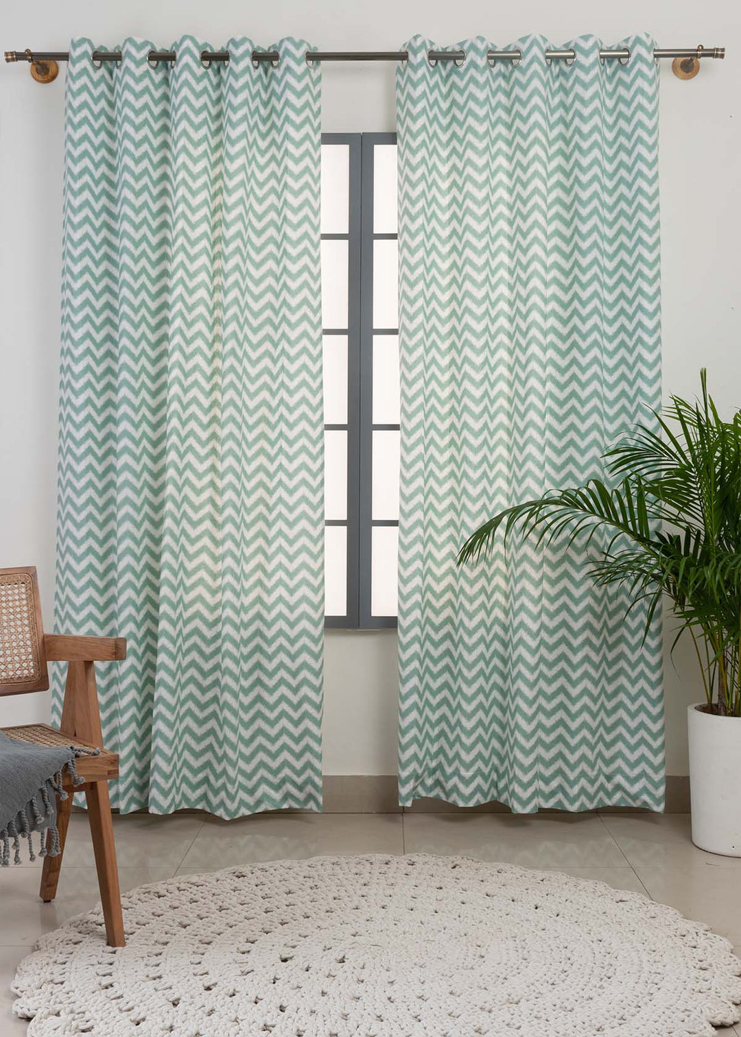 Ikat Chevron Nile Blue 100% cotton geometric curtain for living room - Room darkening - Single Piece | SHOBITAM