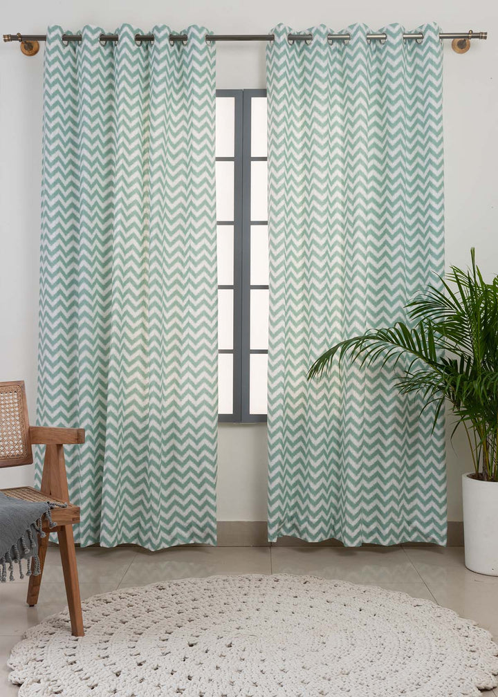 Ikat Chevron Nile Blue 100% cotton geometric curtain for living room - Room darkening - Single Piece | SHOBITAM