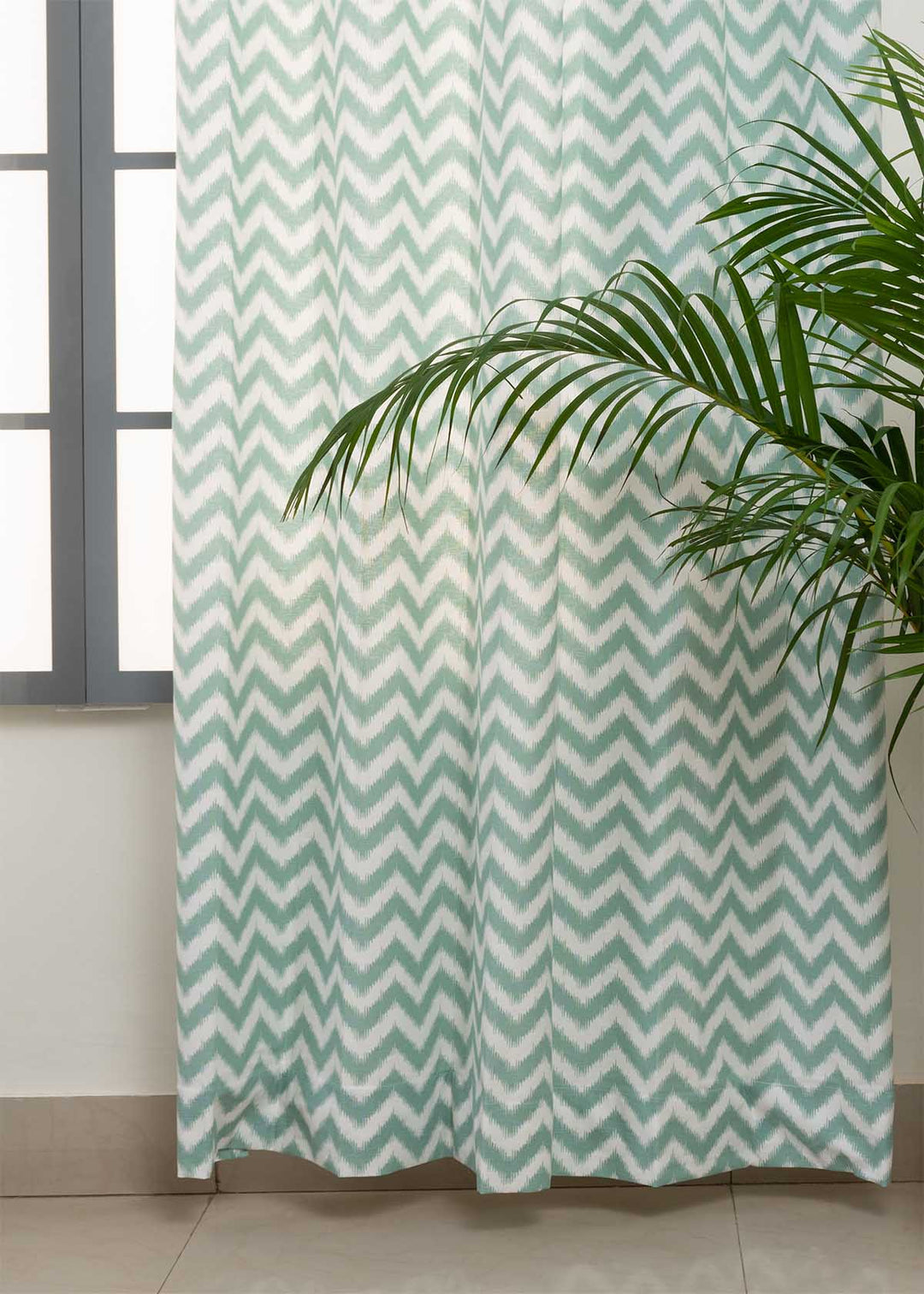 Ikat Chevron Nile Blue 100% cotton geometric curtain for living room - Room darkening - Single Piece | SHOBITAM