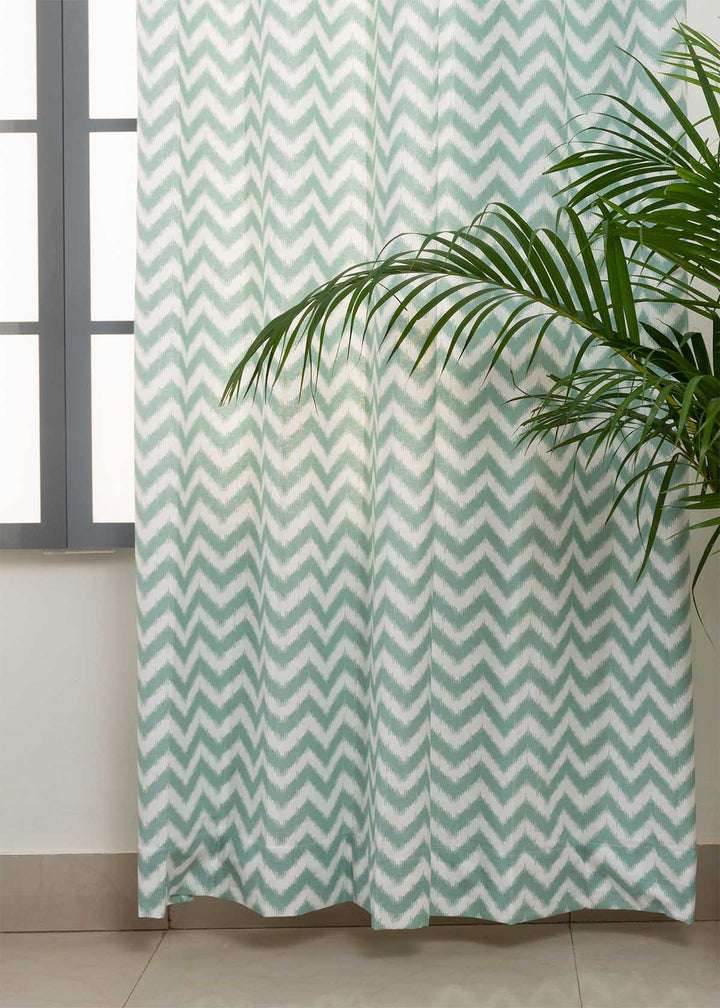 Ikat Chevron Nile Blue 100% cotton geometric curtain for living room - Room darkening - Single Piece | SHOBITAM