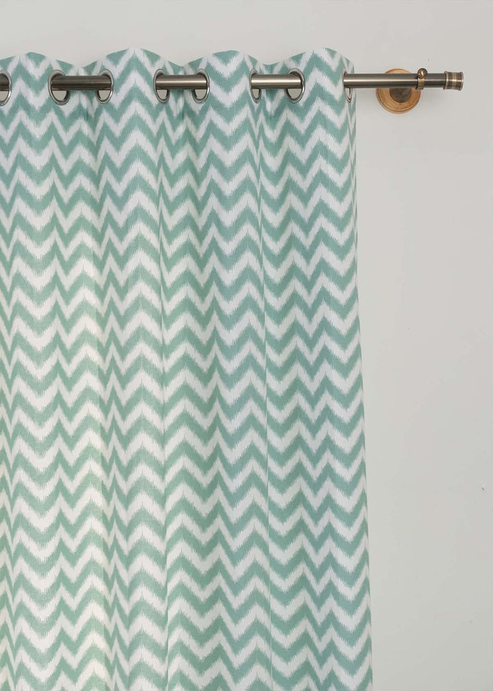 Ikat Chevron Nile Blue 100% cotton geometric curtain for living room - Room darkening - Single Piece | SHOBITAM