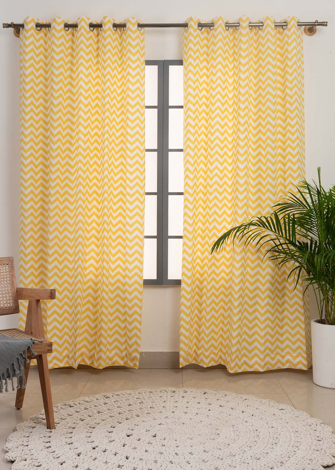 Ikat Chevron Yellow 100% cotton geometric curtain for living room - Room darkening - Single Piece | SHOBITAM