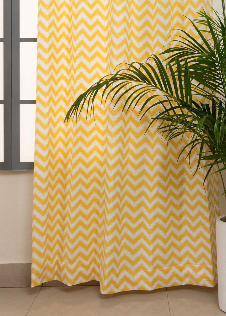 Ikat Chevron Yellow 100% cotton geometric curtain for living room - Room darkening - Single Piece | SHOBITAM