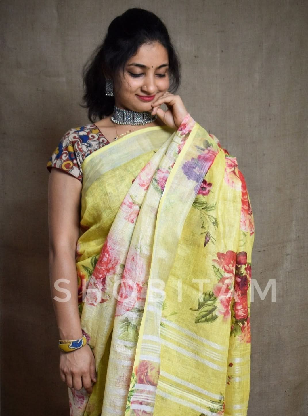Yellow Linen Sareewith Floral Digital Print