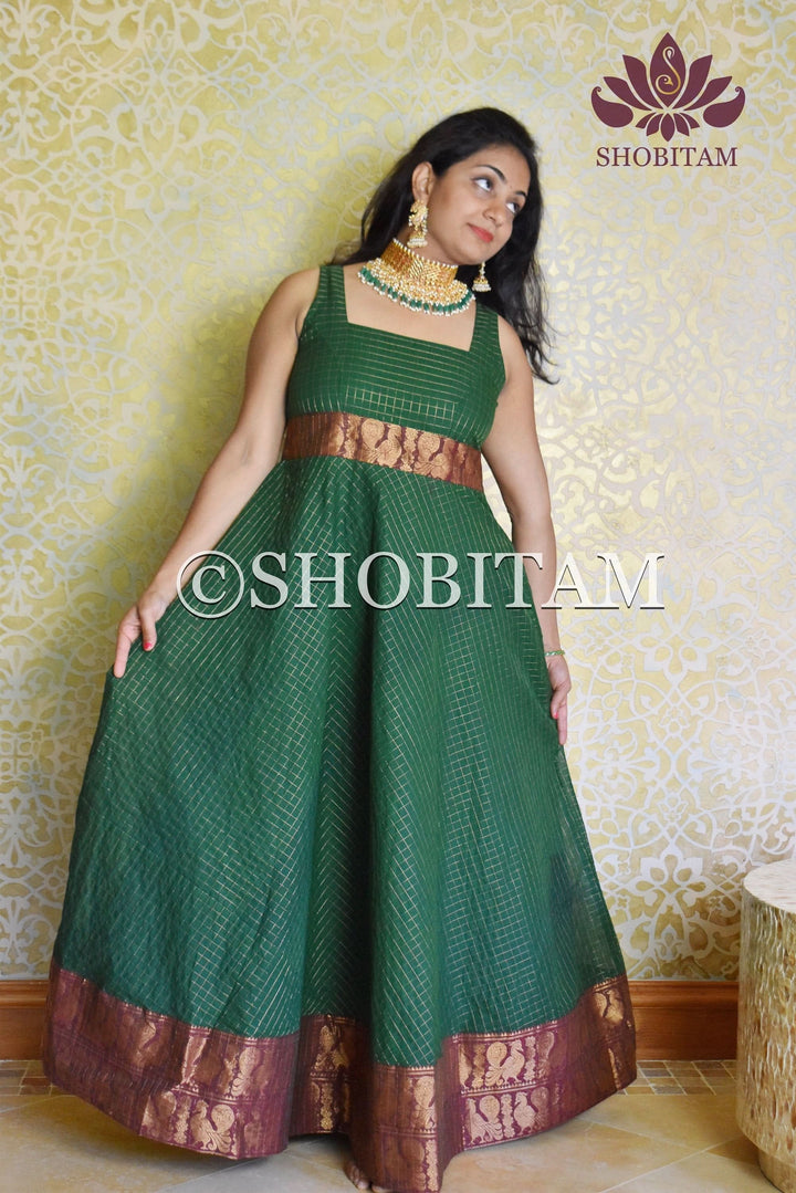 Made to Measure - Sungudi Gown in Green with contrast border and zari work | Shobitam Gown