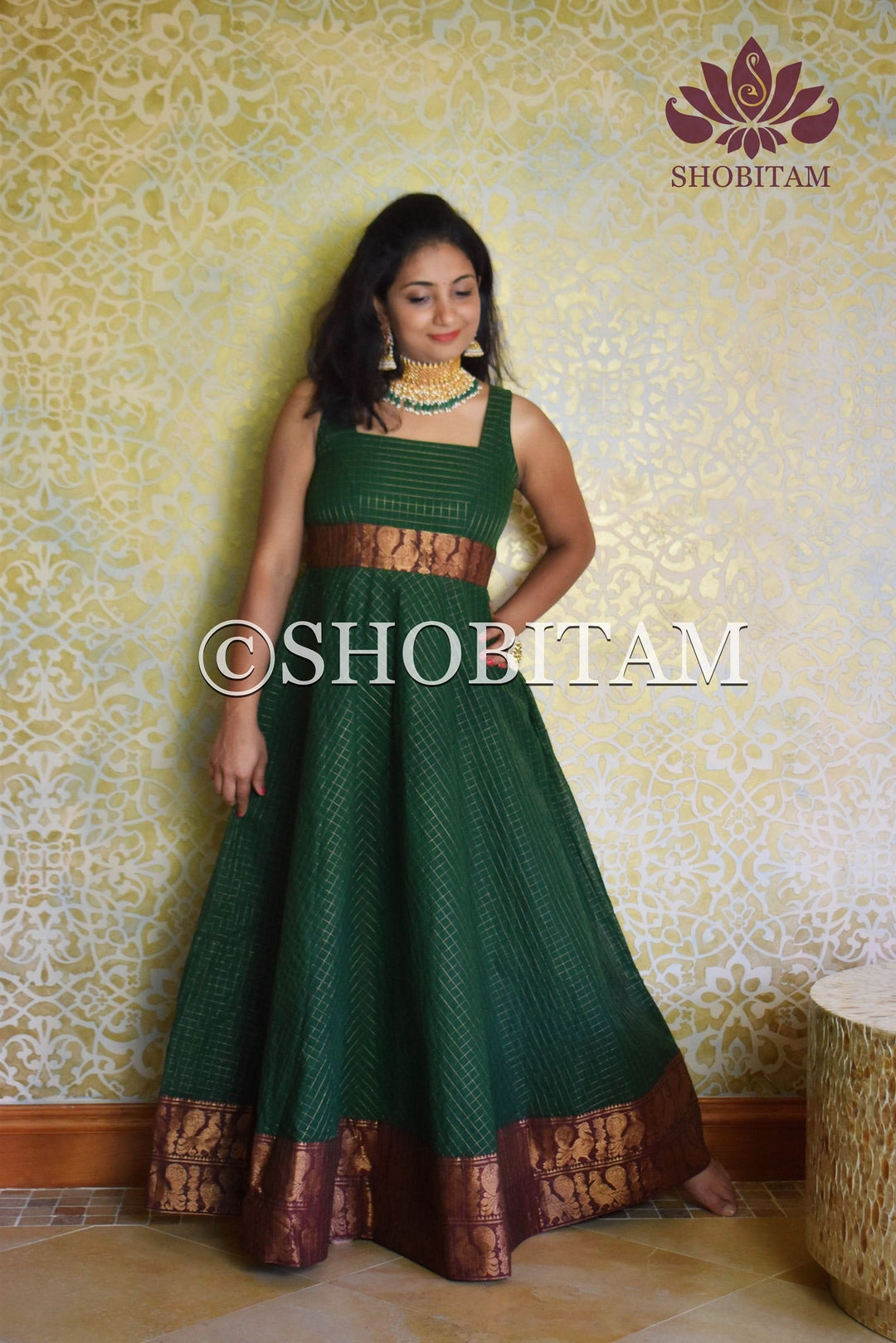 Made to Measure - Sungudi Gown in Green with contrast border and zari work | Shobitam Gown