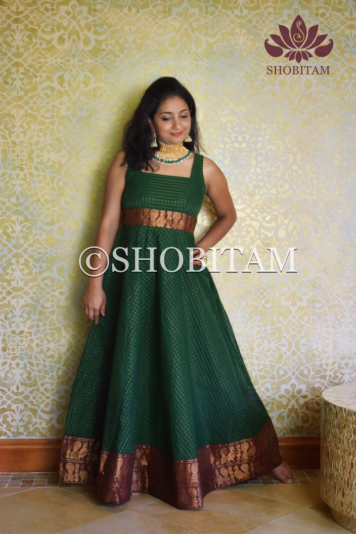 Made to Measure - Sungudi Gown in Green with contrast border and zari work | Shobitam Gown