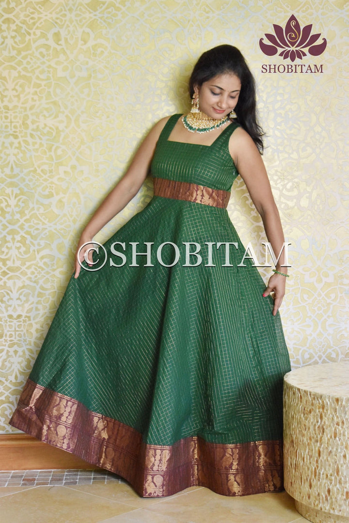 Made to Measure - Sungudi Gown in Green with contrast border and zari work | Shobitam Gown