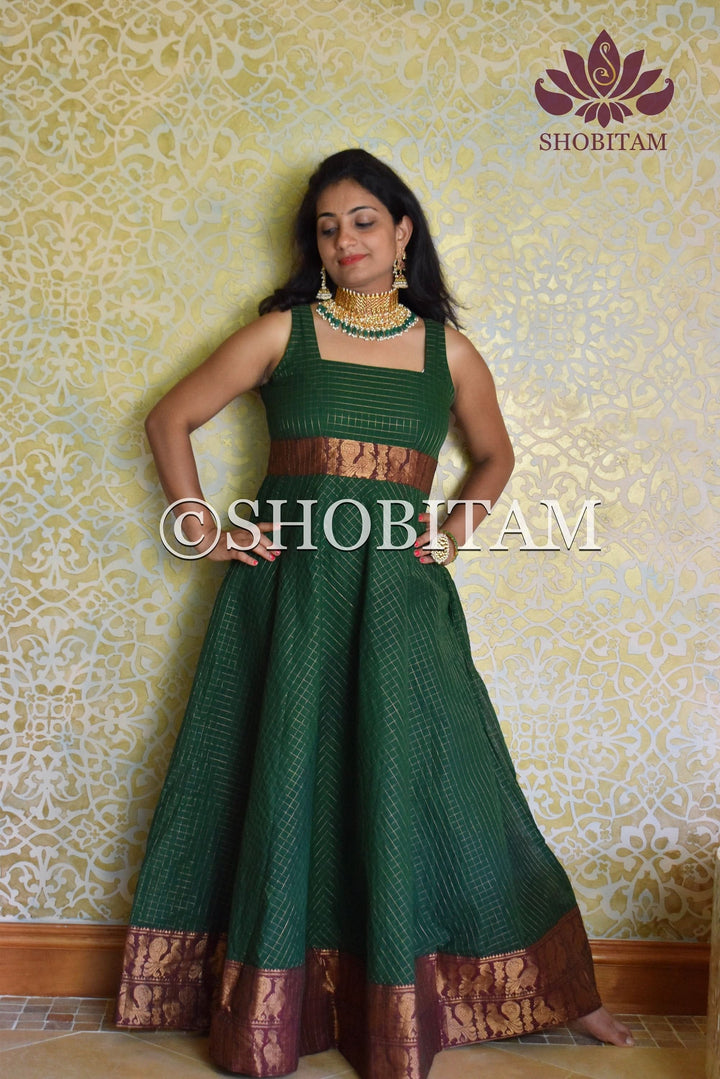 Made to Measure - Sungudi Gown in Green with contrast border and zari work | Shobitam Gown
