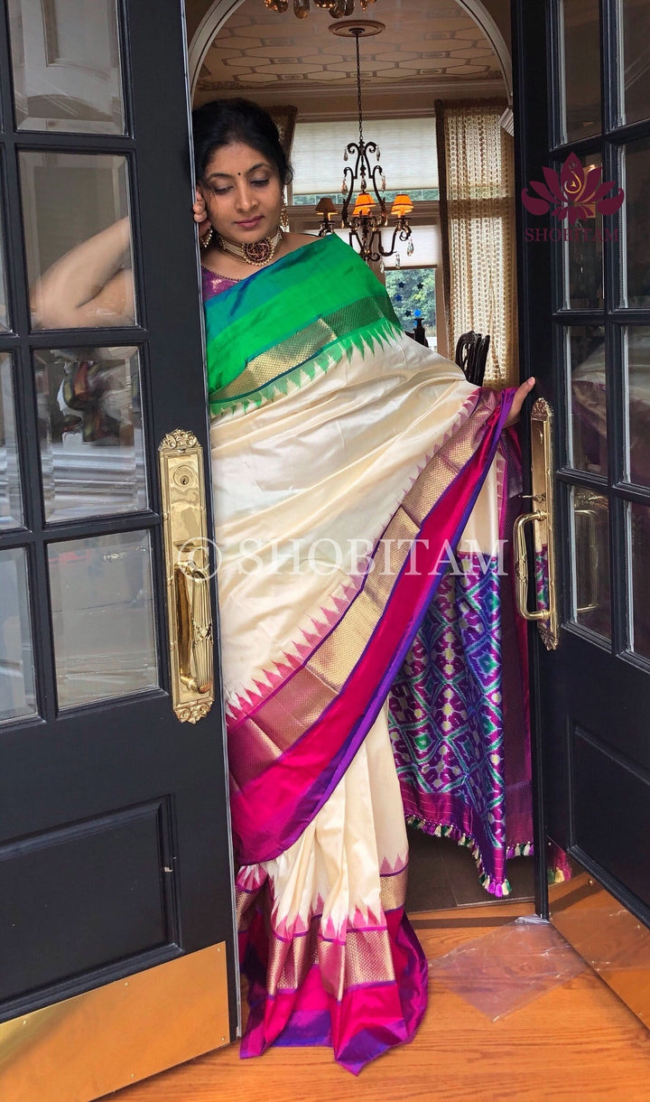Pure Pochampally Ikkat SIlk Saree with striking Ganga Jamuna Borders and Ikkat Pallu and Blouse piece | SILK MARK CERTIFIED