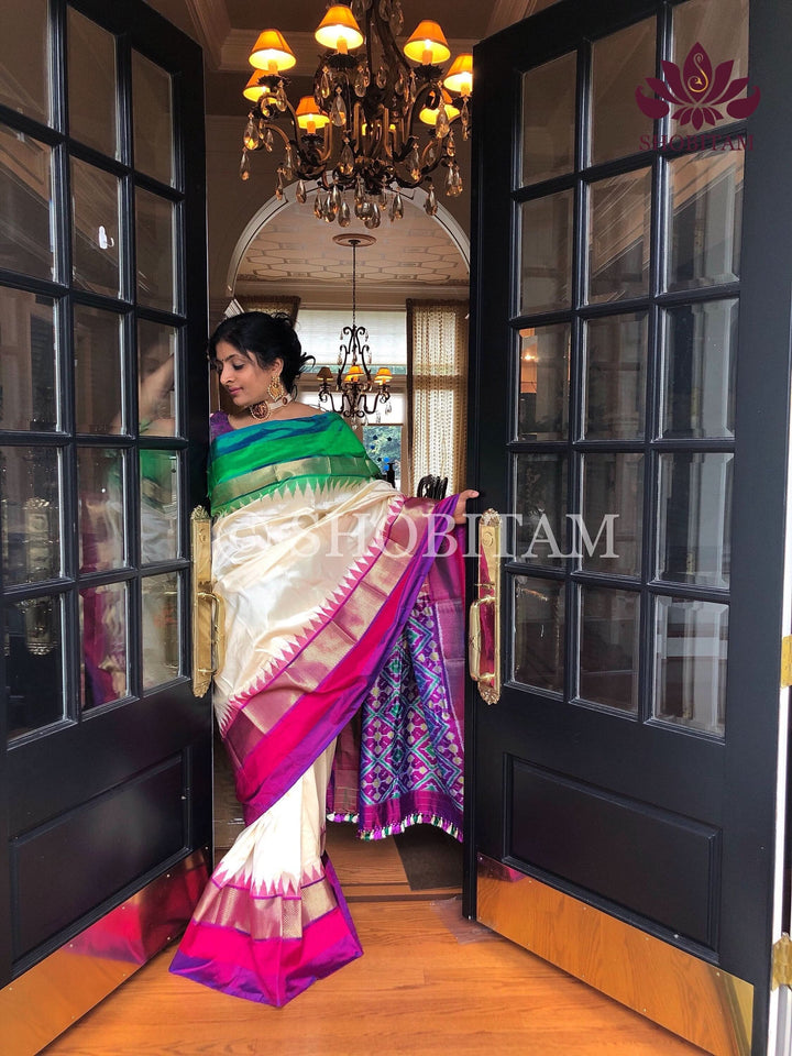 Pure Pochampally Ikkat SIlk Saree with striking Ganga Jamuna Borders and Ikkat Pallu and Blouse piece | SILK MARK CERTIFIED