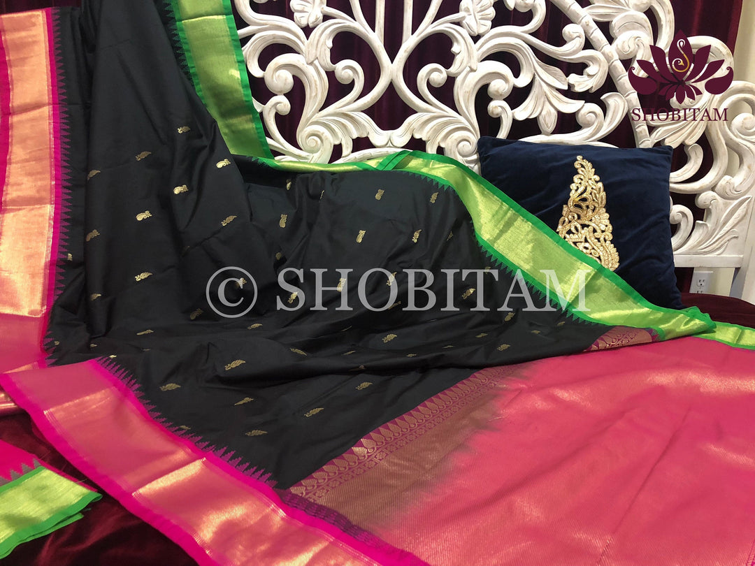 Black Art Silk Saree with Ganga Jamuna borders