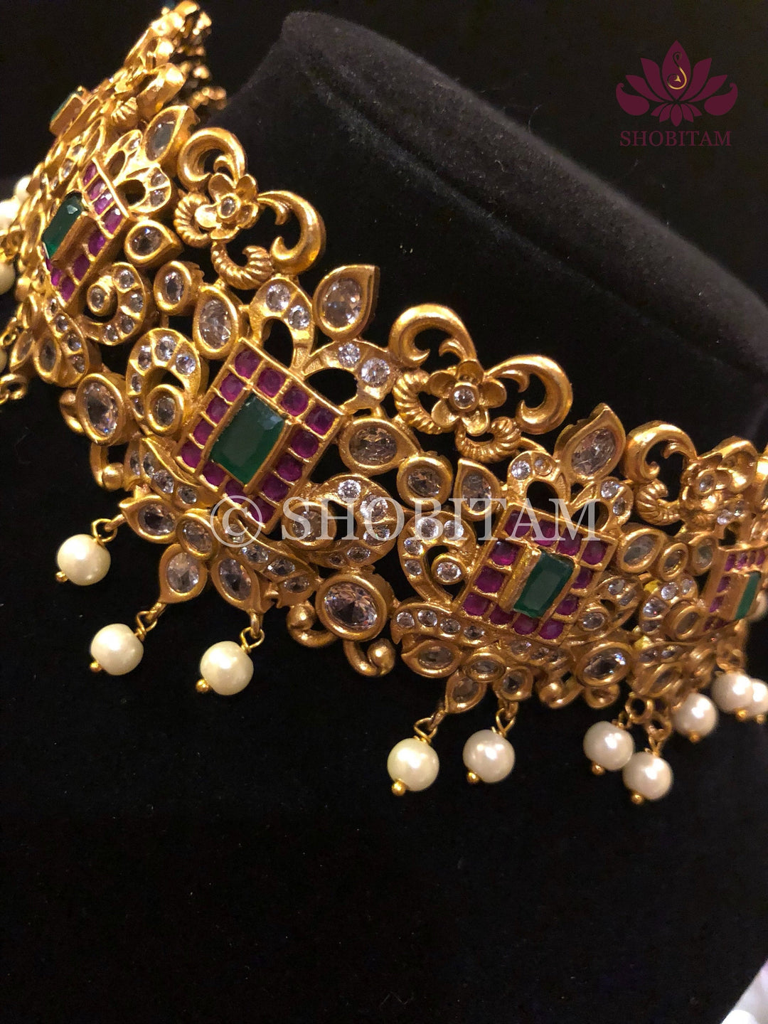 Antique finish Choker Set  with faux stones and hanging pearls | Shobitam Jewelry