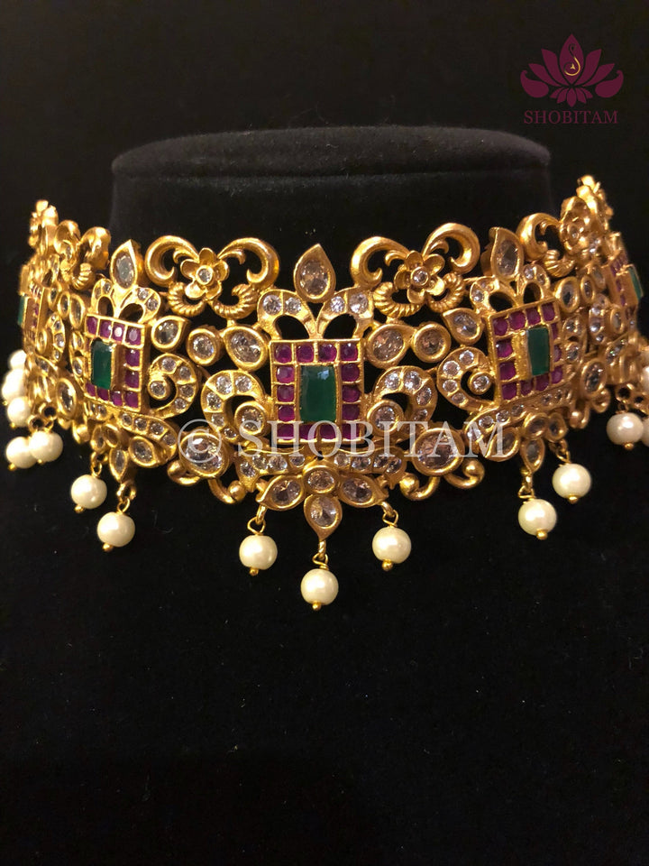 Antique finish Choker Set  with faux stones and hanging pearls | Shobitam Jewelry