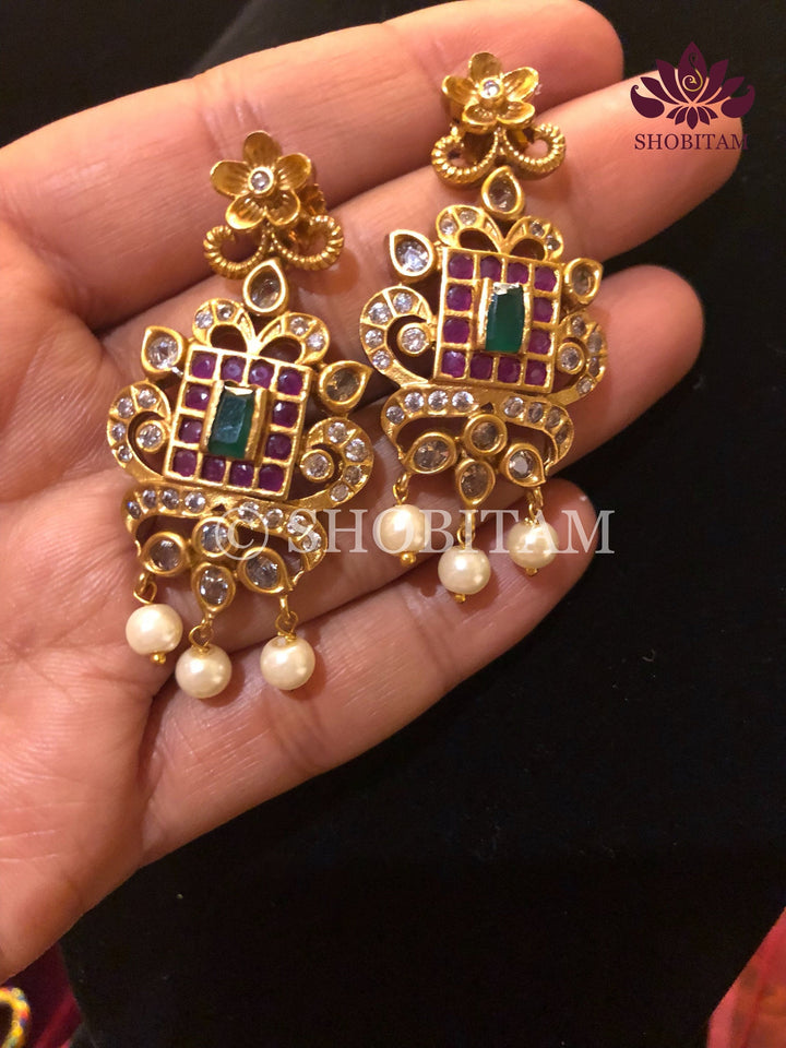 Antique finish Choker Set  with faux stones and hanging pearls | Shobitam Jewelry