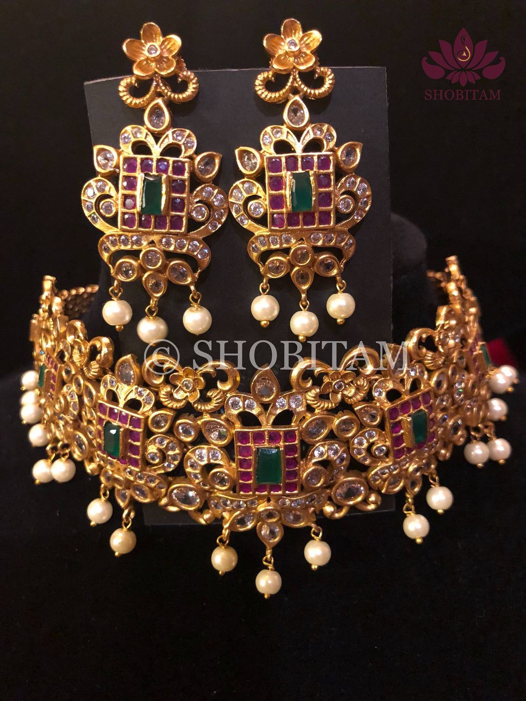 Antique finish Choker Set  with faux stones and hanging pearls | Shobitam Jewelry