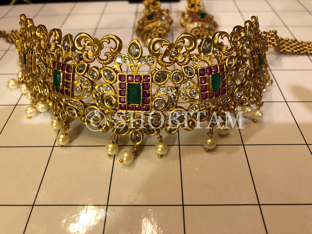 Antique finish Choker Set  with faux stones and hanging pearls | Shobitam Jewelry