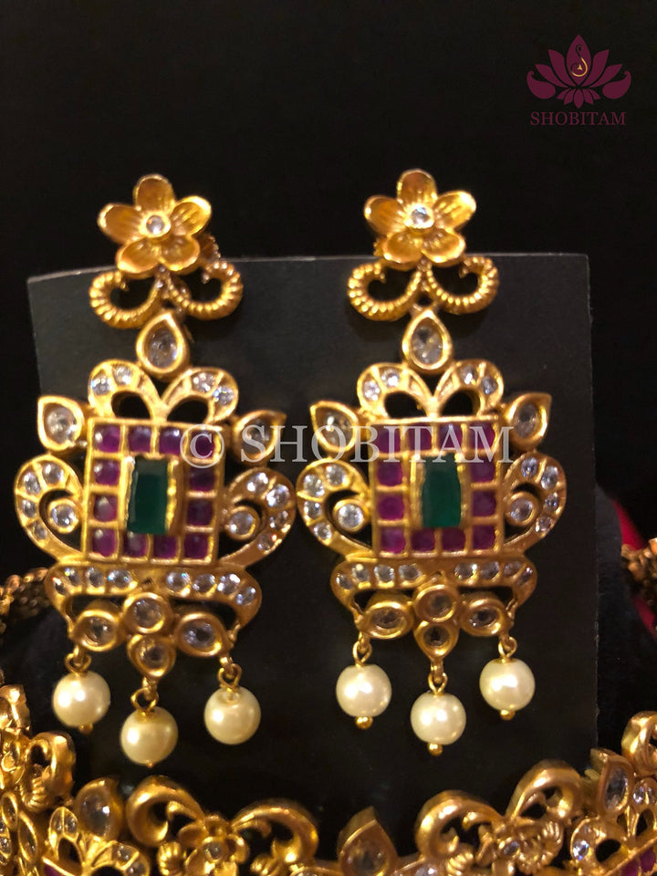 Antique finish Choker Set  with faux stones and hanging pearls | Shobitam Jewelry