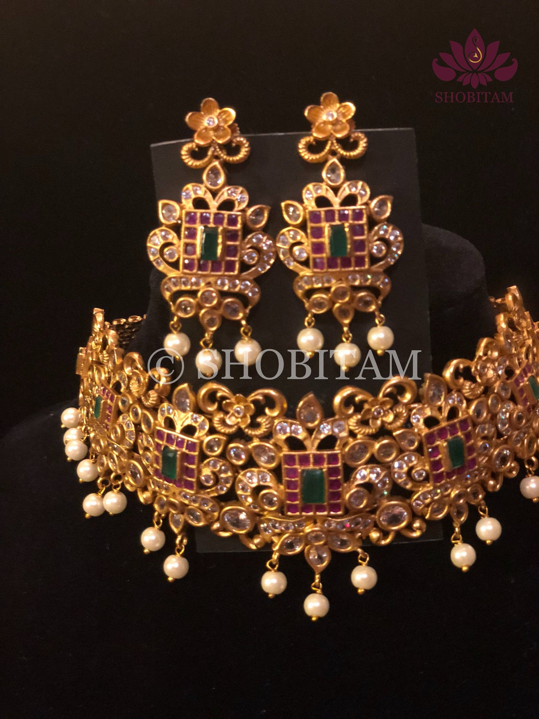 Antique finish Choker Set  with faux stones and hanging pearls | Shobitam Jewelry