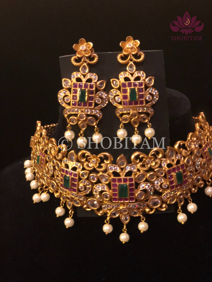 Antique finish Choker Set  with faux stones and hanging pearls | Shobitam Jewelry