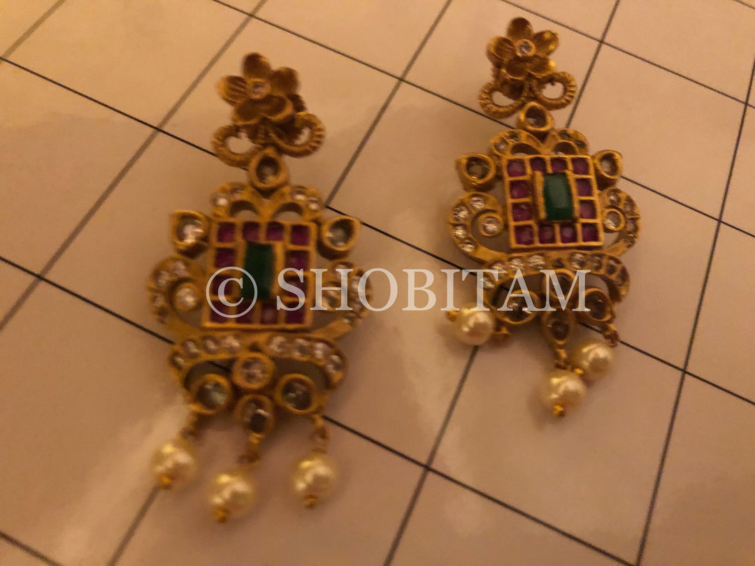 Antique finish Choker Set  with faux stones and hanging pearls | Shobitam Jewelry