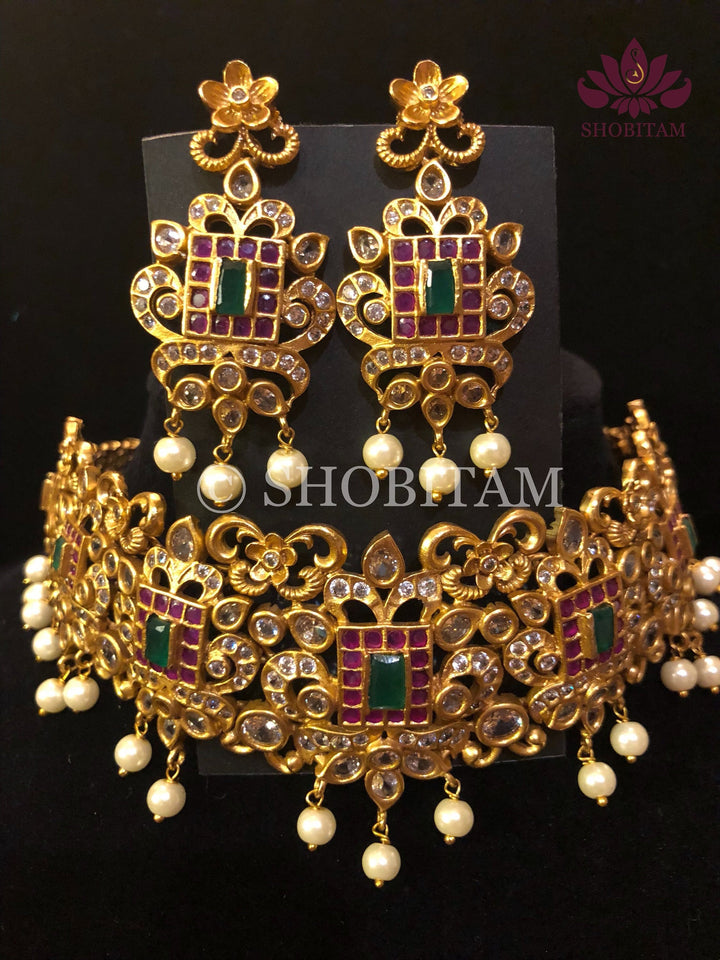 Antique finish Choker Set  with faux stones and hanging pearls | Shobitam Jewelry