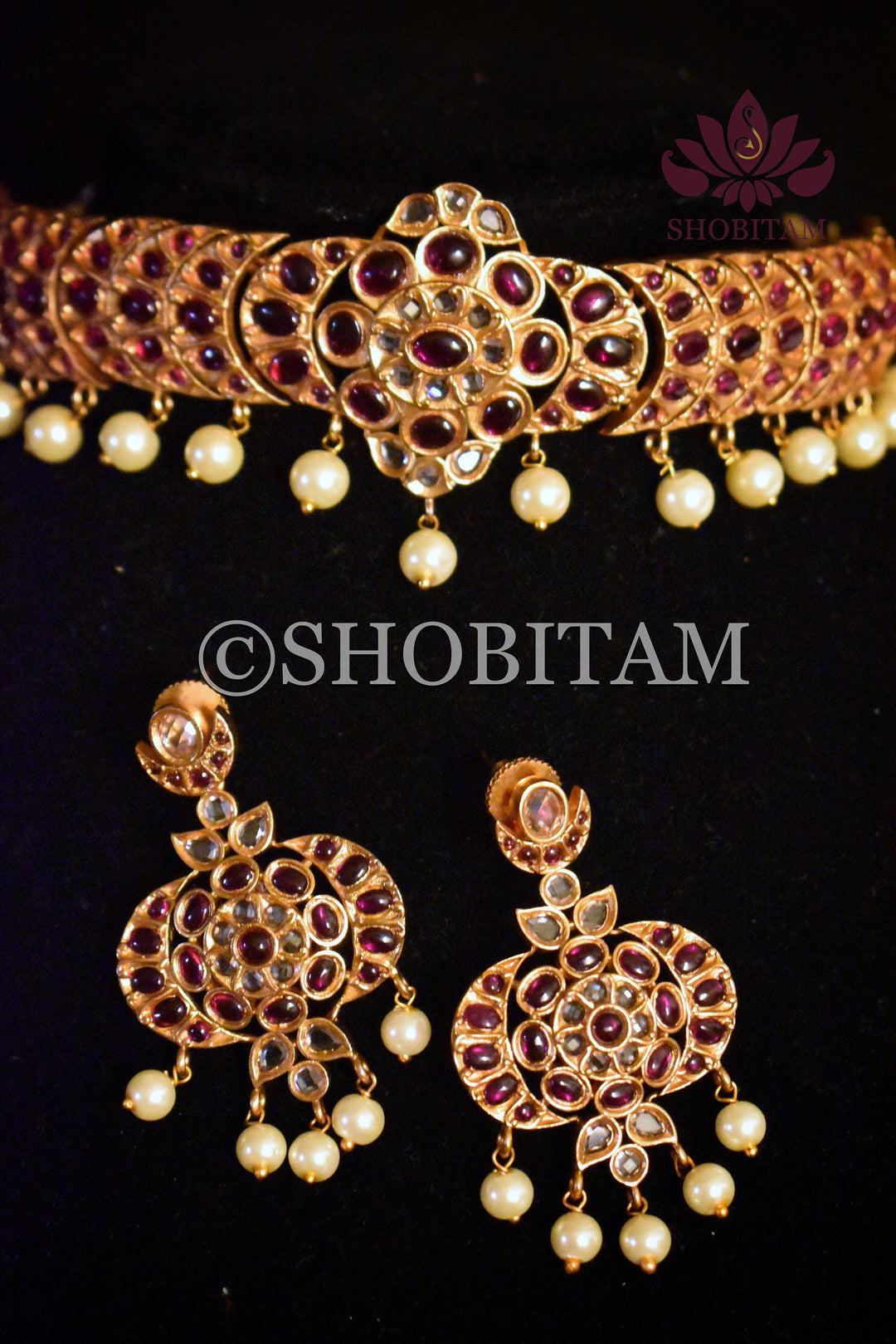 Nalini choker Set  -  Studded choker and Earrings set with pearls hanging