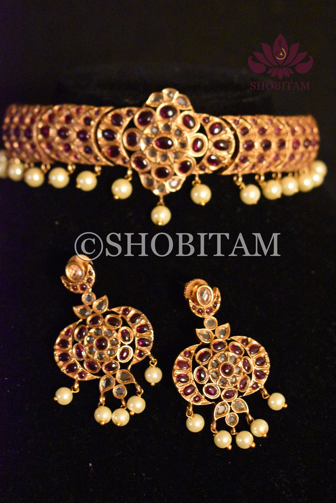 Nalini choker Set  -  Studded choker and Earrings set with pearls hanging