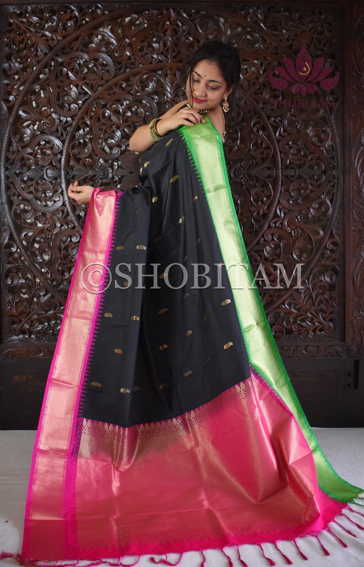 Black Art Silk Saree with Ganga Jamuna borders