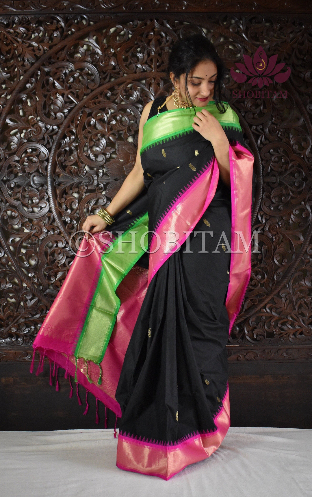 Black Art Silk Saree with Ganga Jamuna borders