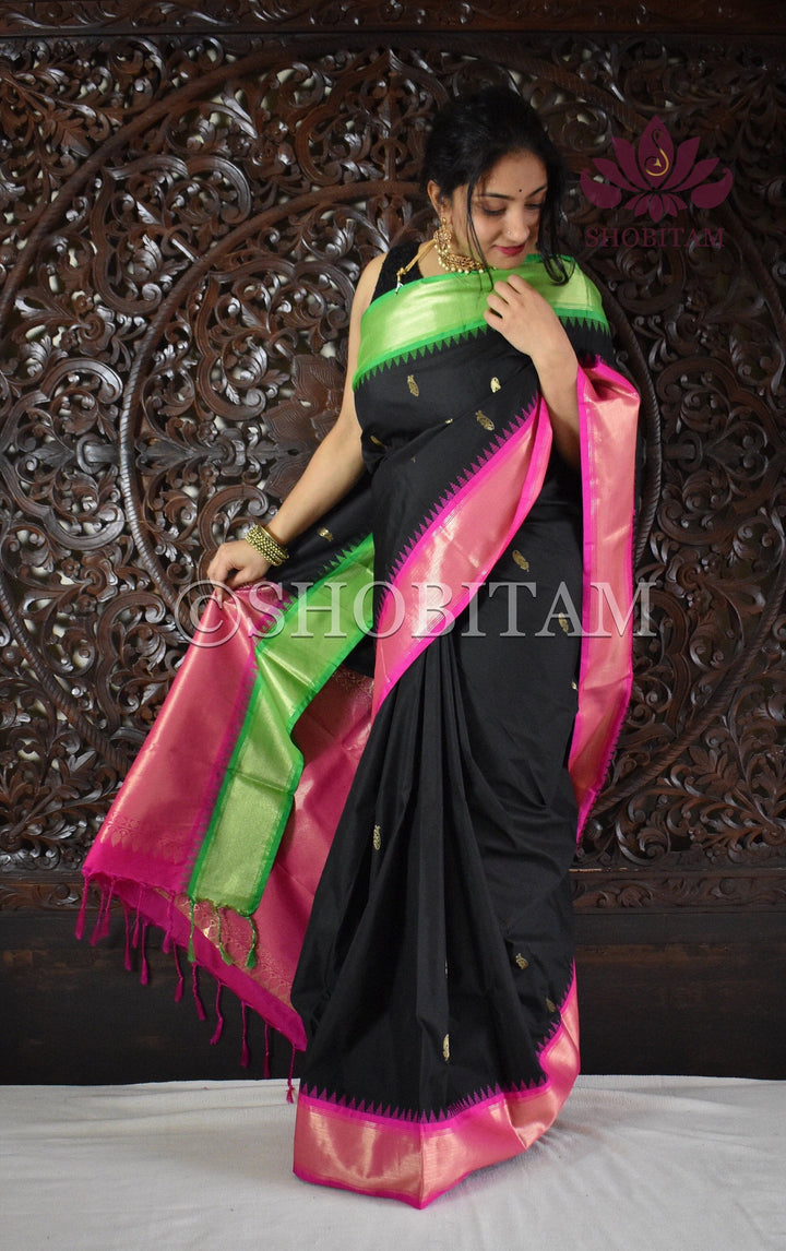 Black Art Silk Saree with Ganga Jamuna borders
