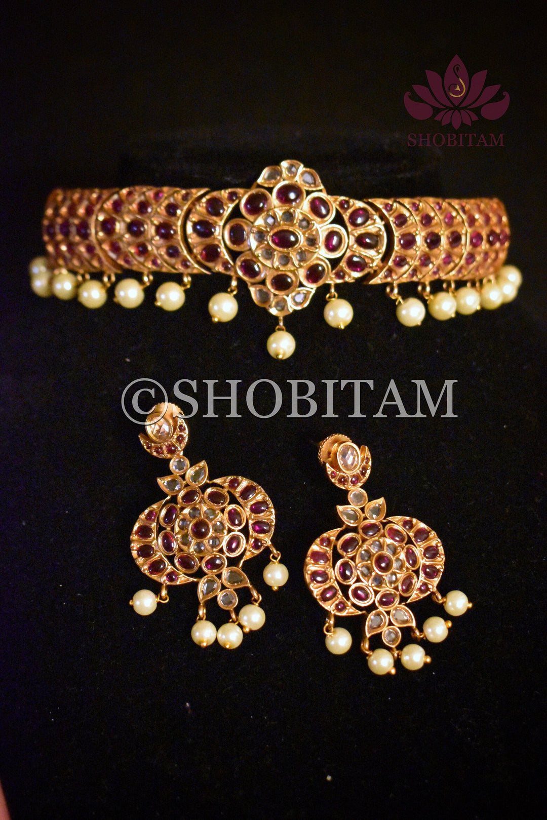 Nalini choker Set  -  Studded choker and Earrings set with pearls hanging