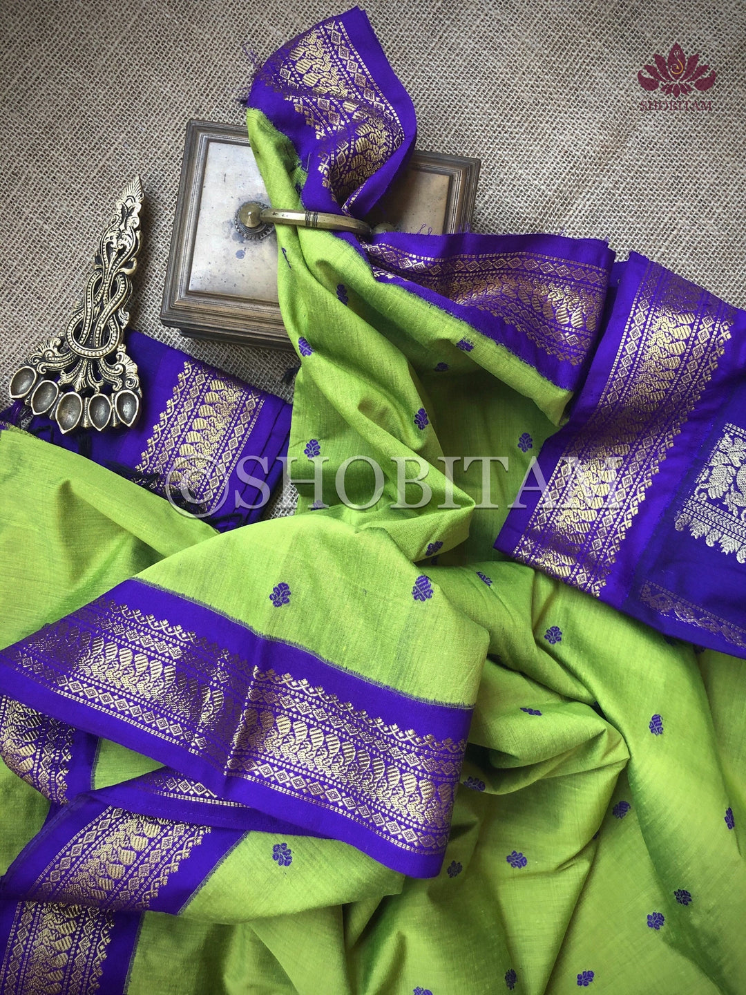 Moss green with purple Venkatagiri Cotton Silk Saree  | Pretty Saree | Shobitam Saree