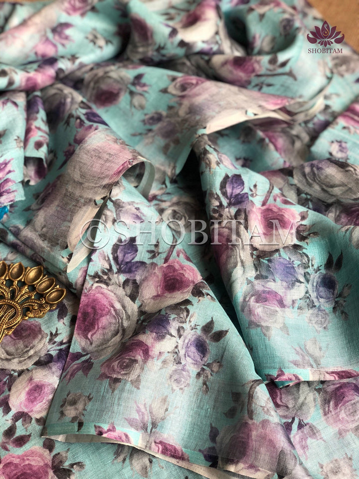 Floral Digital Print  Linen saree  | Pure Linen Saree | Shobitam Saree