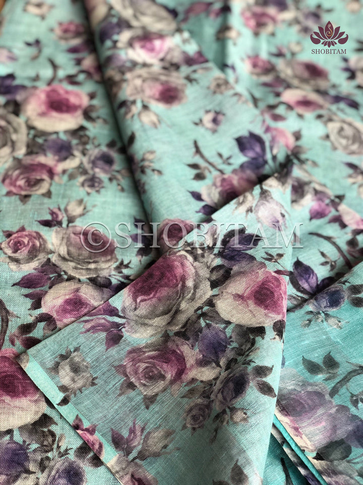 Floral Digital Print  Linen saree  | Pure Linen Saree | Shobitam Saree