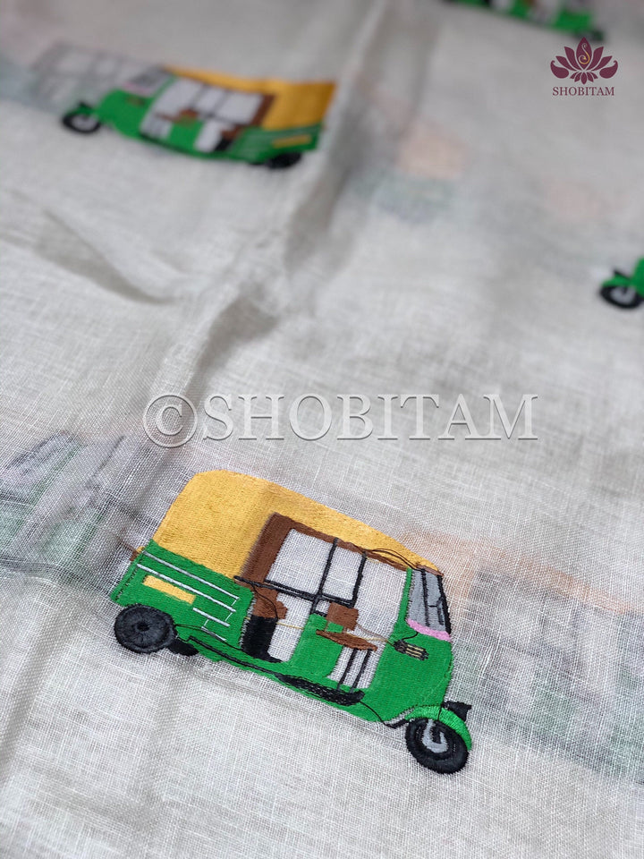 Auto rickshaw Fun Linen Saree  | Shobitam Designer Linen Saree | Shobitam saree