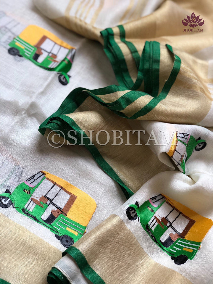 Auto rickshaw Fun Linen Saree  | Shobitam Designer Linen Saree | Shobitam saree