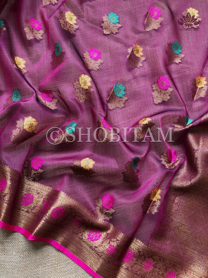 Meenakari Semi Kora Banarasi Saree in Plum with Antique Zari | Shobitam Saree