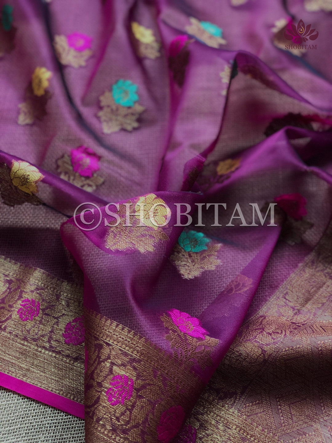 Meenakari Semi Kora Banarasi Saree in Plum with Antique Zari | Shobitam Saree