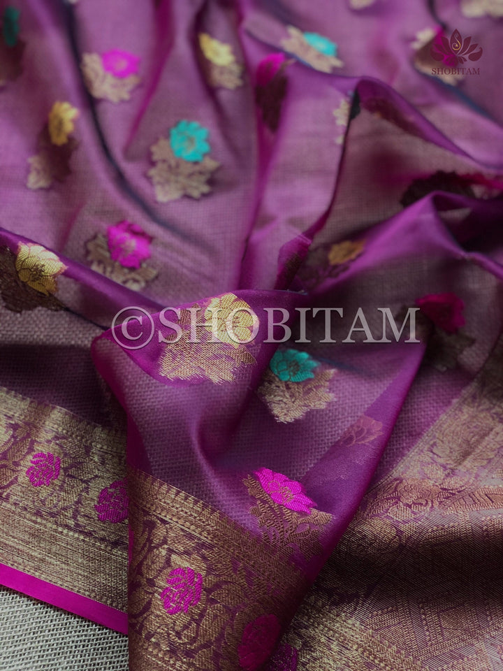 Meenakari Semi Kora Banarasi Saree in Plum with Antique Zari | Shobitam Saree