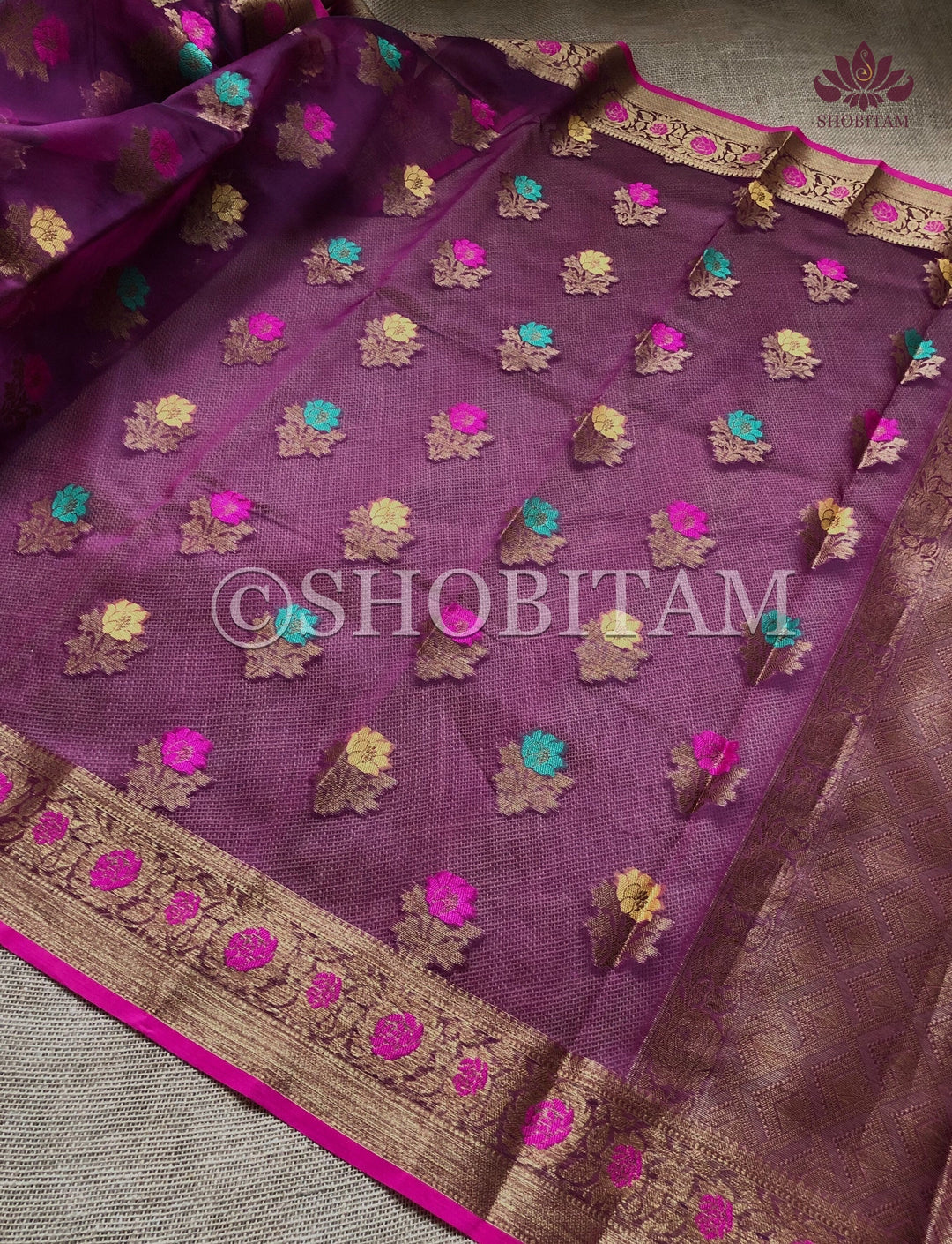 Meenakari Semi Kora Banarasi Saree in Plum with Antique Zari | Shobitam Saree