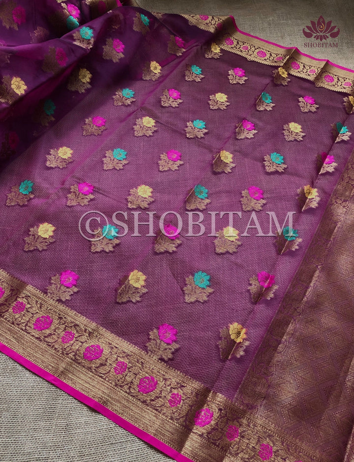 Meenakari Semi Kora Banarasi Saree in Plum with Antique Zari | Shobitam Saree