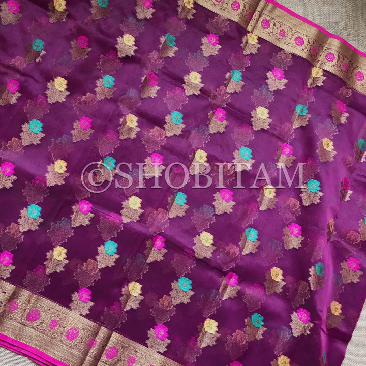Meenakari Semi Kora Banarasi Saree in Plum with Antique Zari | Shobitam Saree