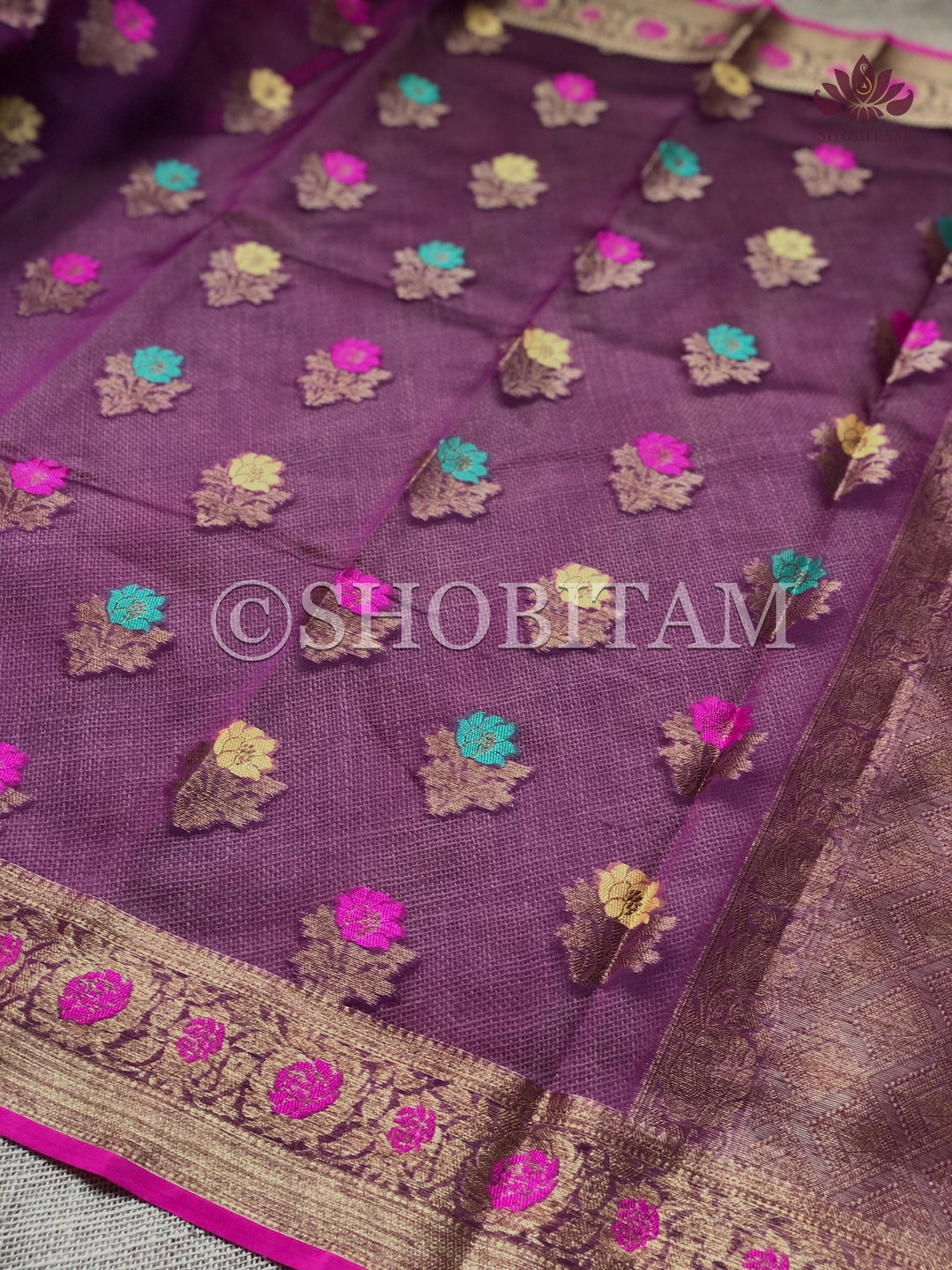 Meenakari Semi Kora Banarasi Saree in Plum with Antique Zari | Shobitam Saree