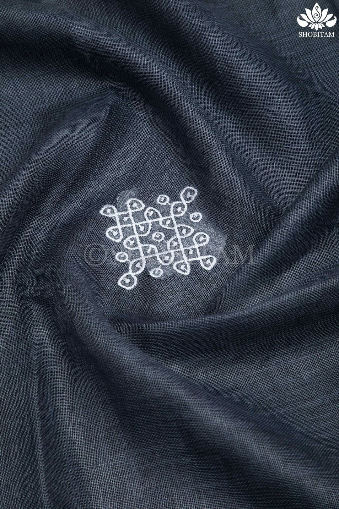 Pre order Kolam Linen embroidery Saree in Charcoal Gray and Green | Linen by Linen  Saree I Rangoli Saree