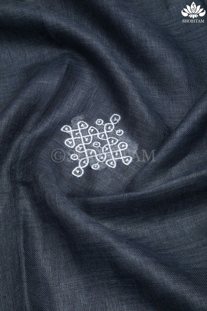 Pre order Kolam Linen embroidery Saree in Charcoal Gray and Green | Linen by Linen  Saree I Rangoli Saree