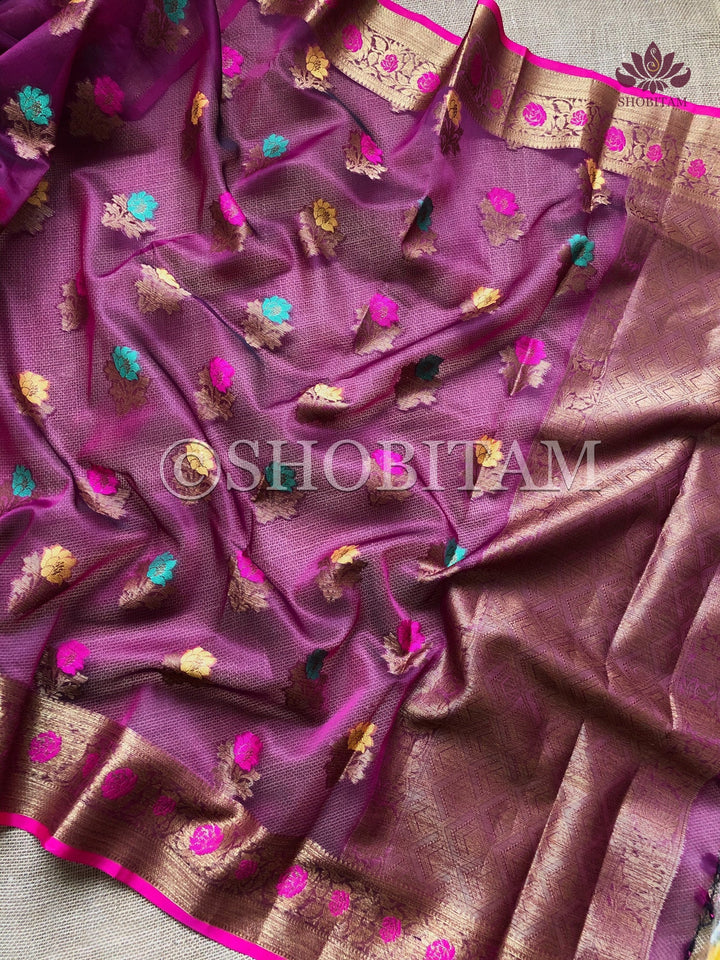 Meenakari Semi Kora Banarasi Saree in Plum with Antique Zari | Shobitam Saree